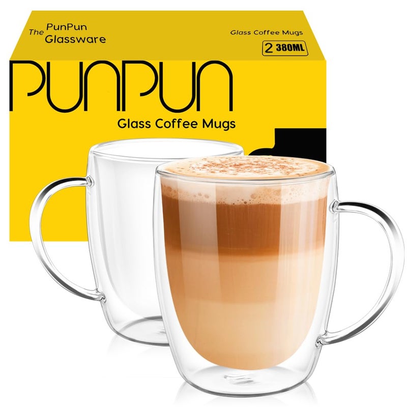 PunPun Coffee Cups Clear12.9OZ. 380ml Coffee Mugs, Espresso Cups,Double Wall Milk Cup with Big Handle,Perfect Mug for Hot Beverages, Latte, Cappuccinos Set of 2 - Image 1